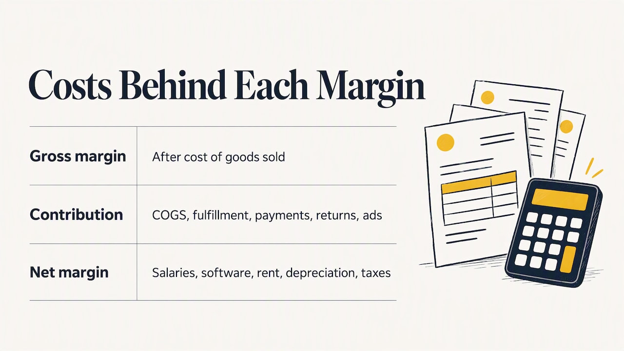 Gross, contribution, and net margin cost layers